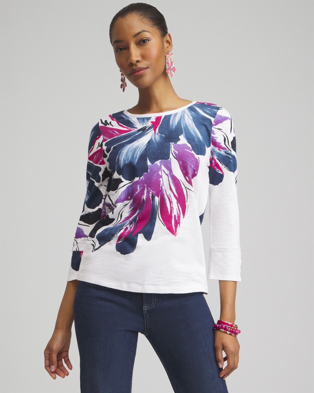 Floral 3/4 Sleeve Button Tee
