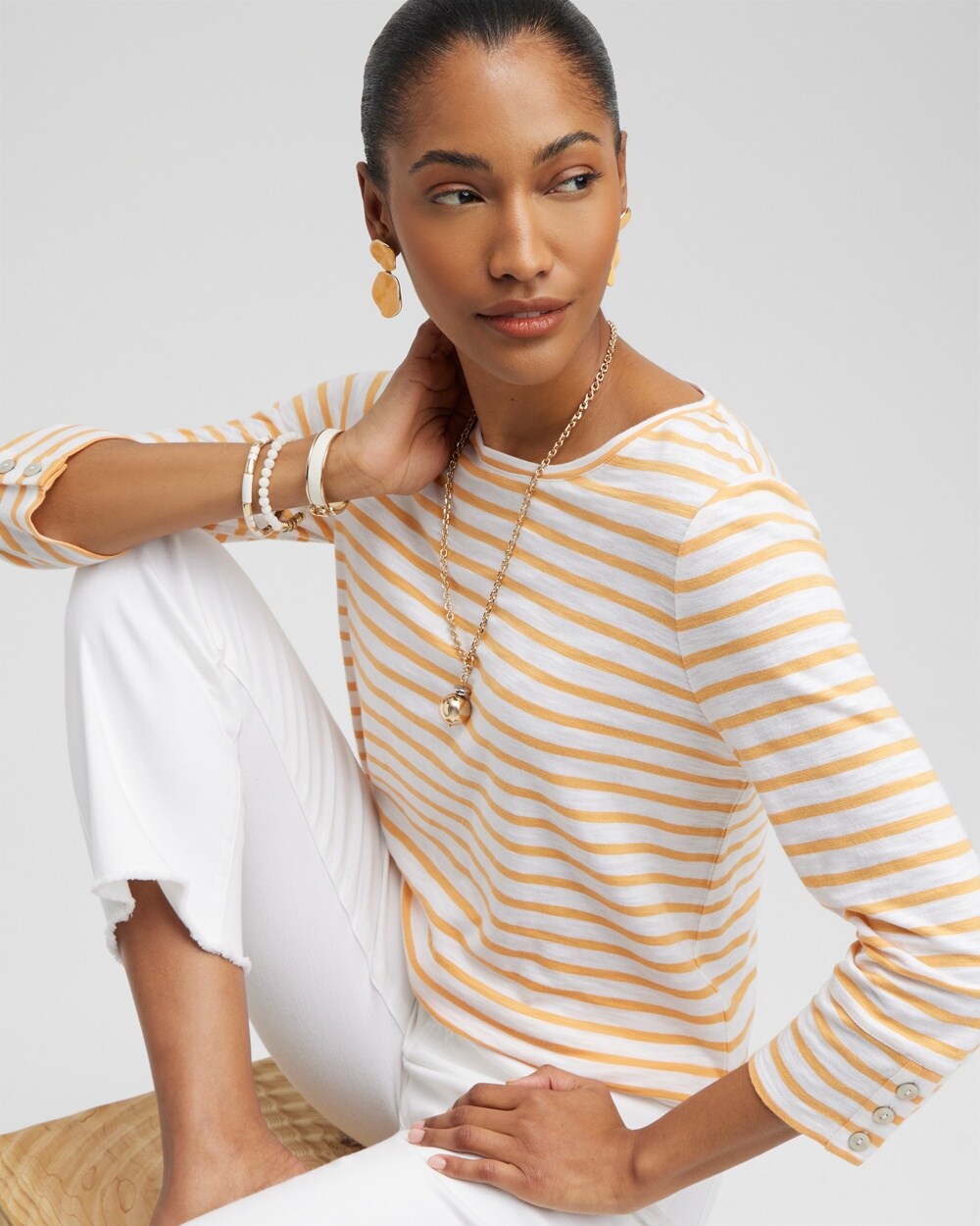 Chico's Stripe 3/4 Sleeve Button Tee In Mango Sorbet Size Large |