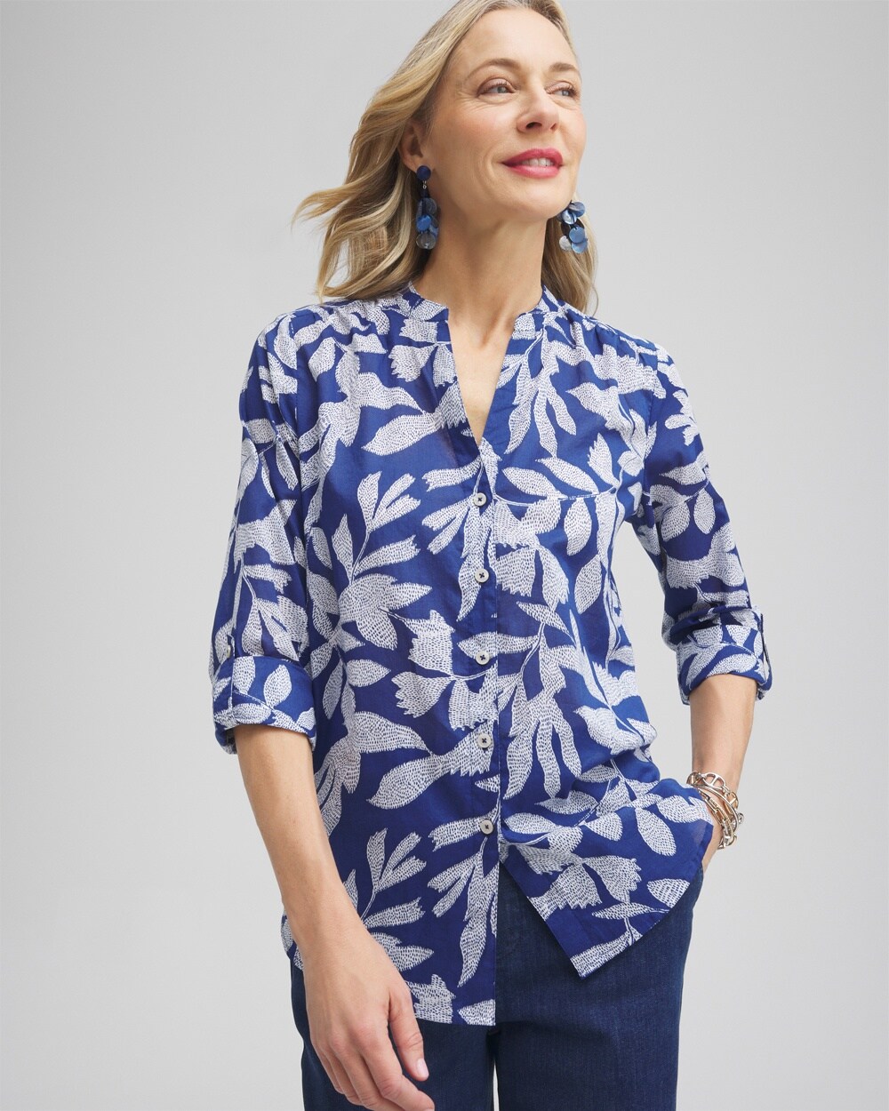 Chico's Cotton Leaf Print Shirt In Blue Size Xxl |  In Evening Eclipse