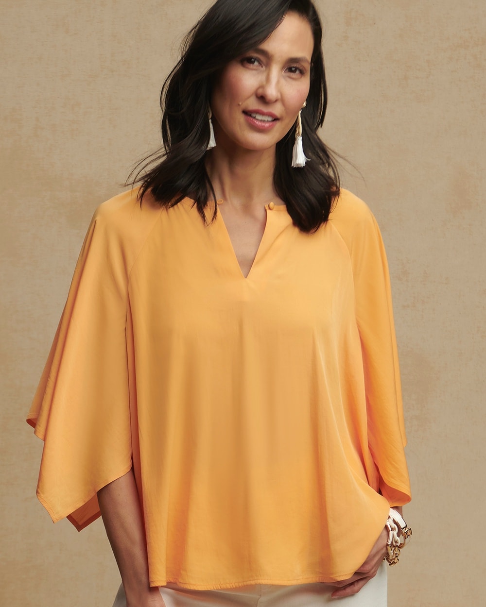 Chico's Satin Keyhole Neck Blouse In Mango Sorbet