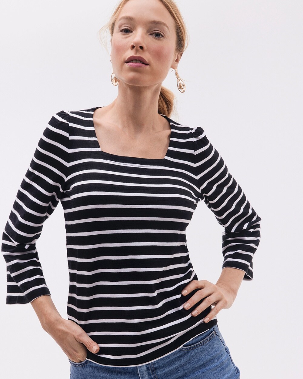 Stripe Square Neck Bell Sleeve Top