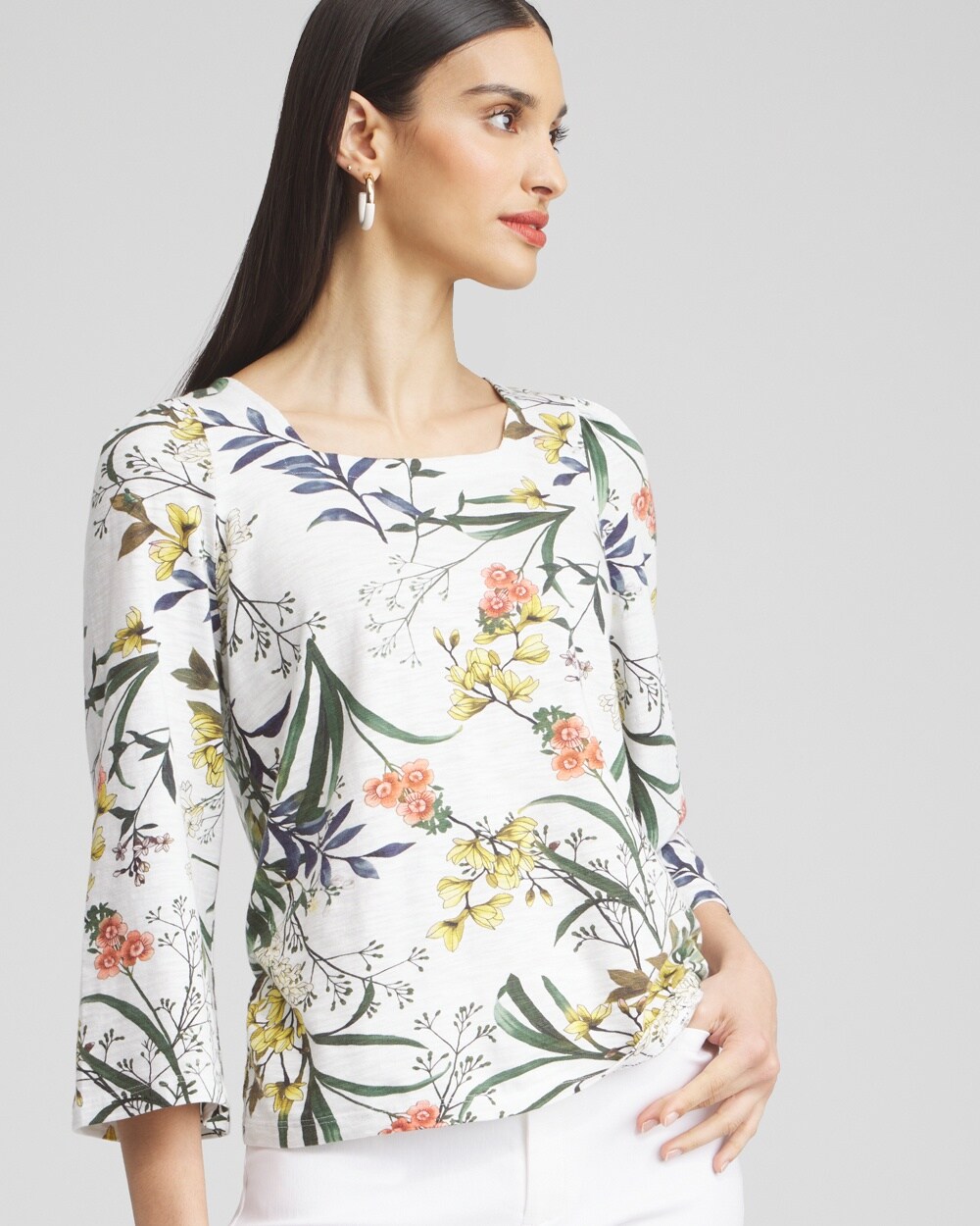 Floral Square Neck Bell Sleeve Top
