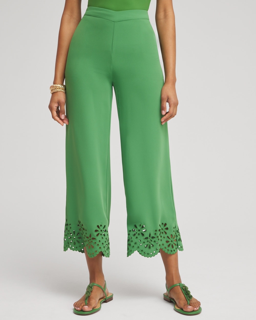 Shop Chico's Satin Eyelet Hem Culottes In Verdant Green Size 10 |