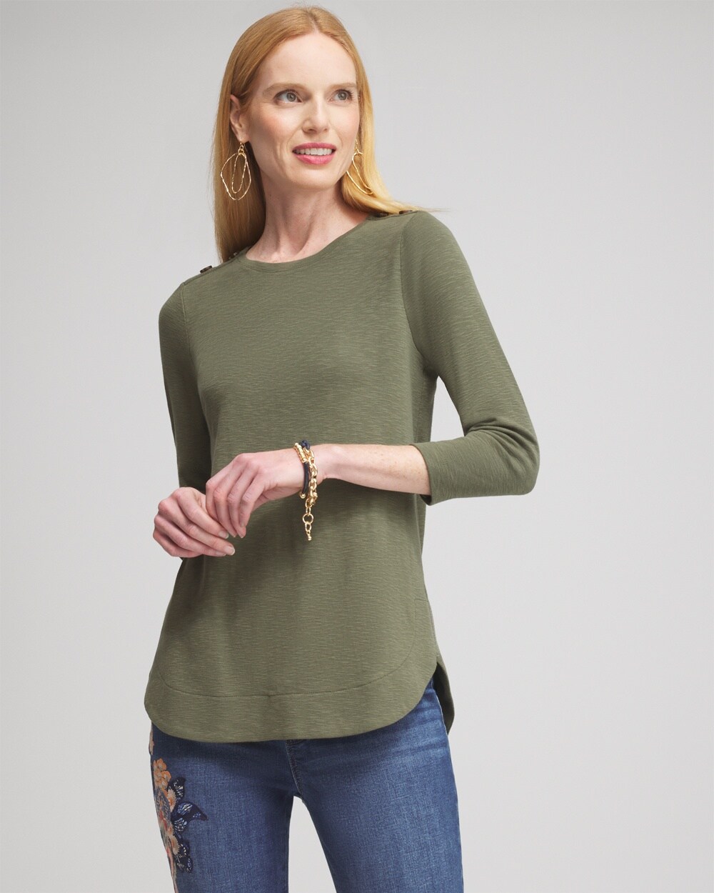Chico's Button Trim Ribbed Tunic In Olive Green