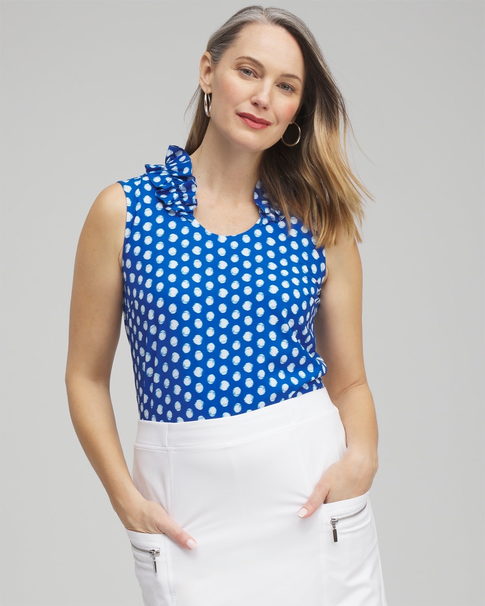 Shop Chico's Upf Sun Protection Dot Ruffle Tank Top In Intense Azure Size 8 |  Zenergy Activewear