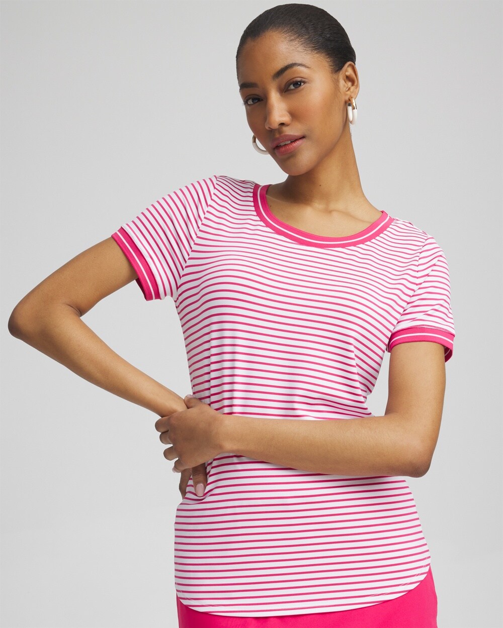 Shop Chico's Upf Sun Protection Knit Stripe Tee In Pink Bromeliad Size 0/2 |  Zenergy Activewear