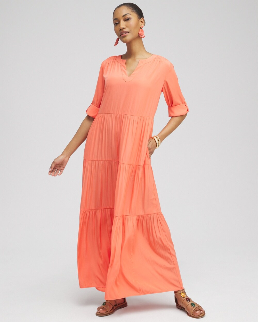 Chico's Tiered A-line Maxi Dress In Orange Size 16/18 |  In Nectarine