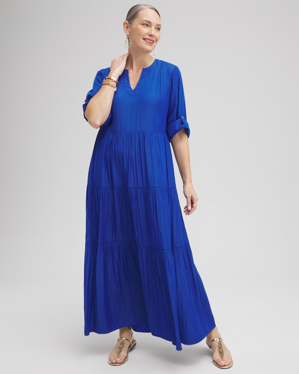 Chico's Tiered A-line Maxi Dress In Intense Azure Size 8p/10p Petite |