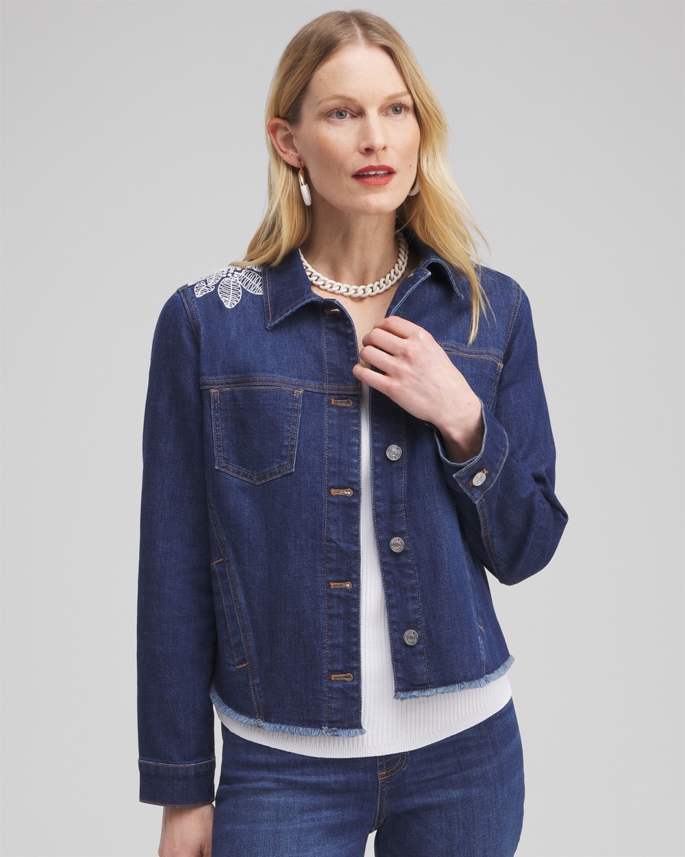 Chico's Fray Hem Embroidered Jean Jacket In Medium Wash Denim Size Xl |  In Morwenna Indigo