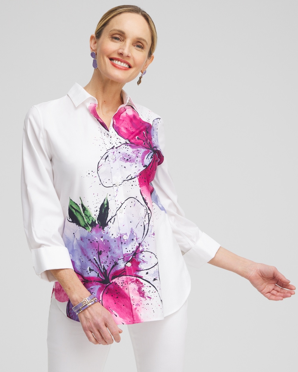 No Iron&#8482; Stretch Floral 3/4 Sleeve Shirt