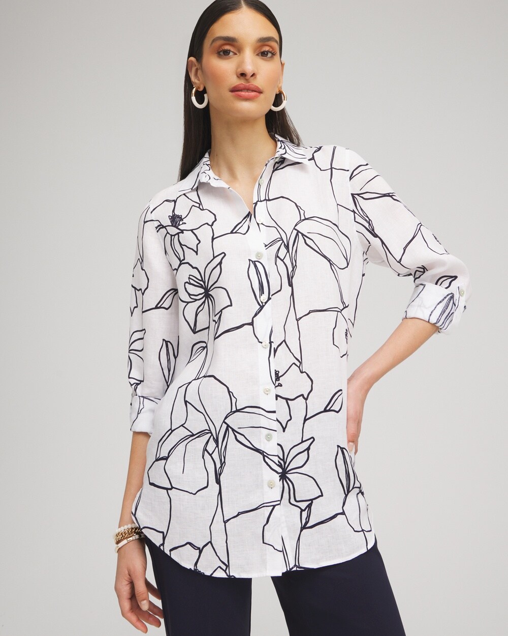 Shop Chico's No Iron Linen Floral Tunic Top In White Size Large |