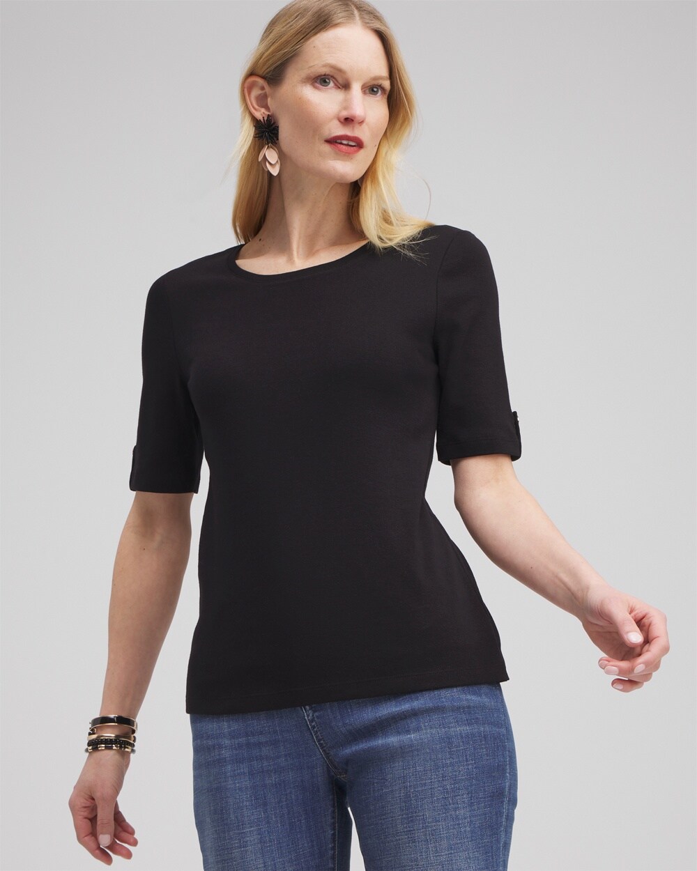 Chico's Elbow Sleeve Cotton Tee In Black Size 0/2 |