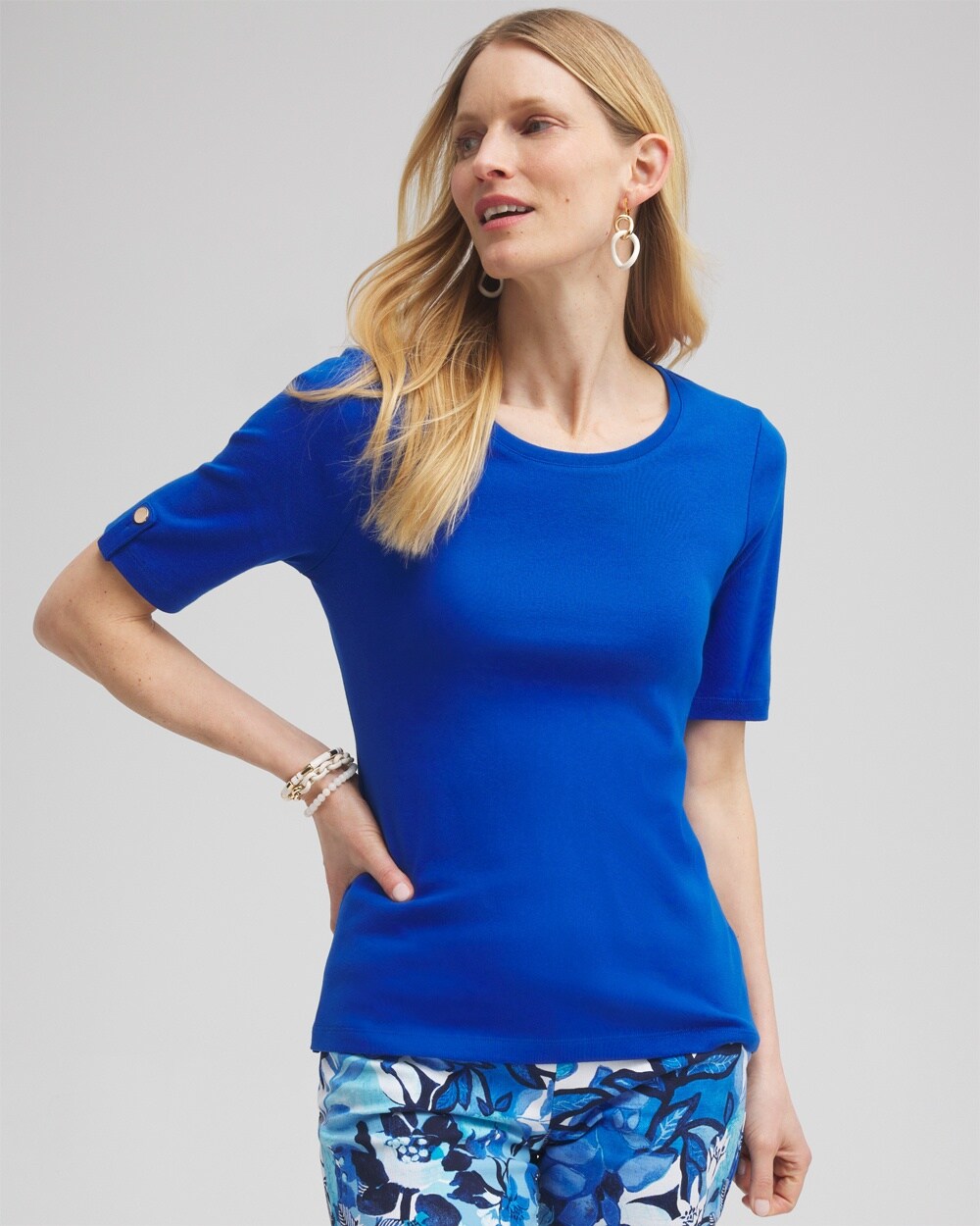 Chico's Elbow Sleeve Cotton Tee In Intense Azure Size Xl |