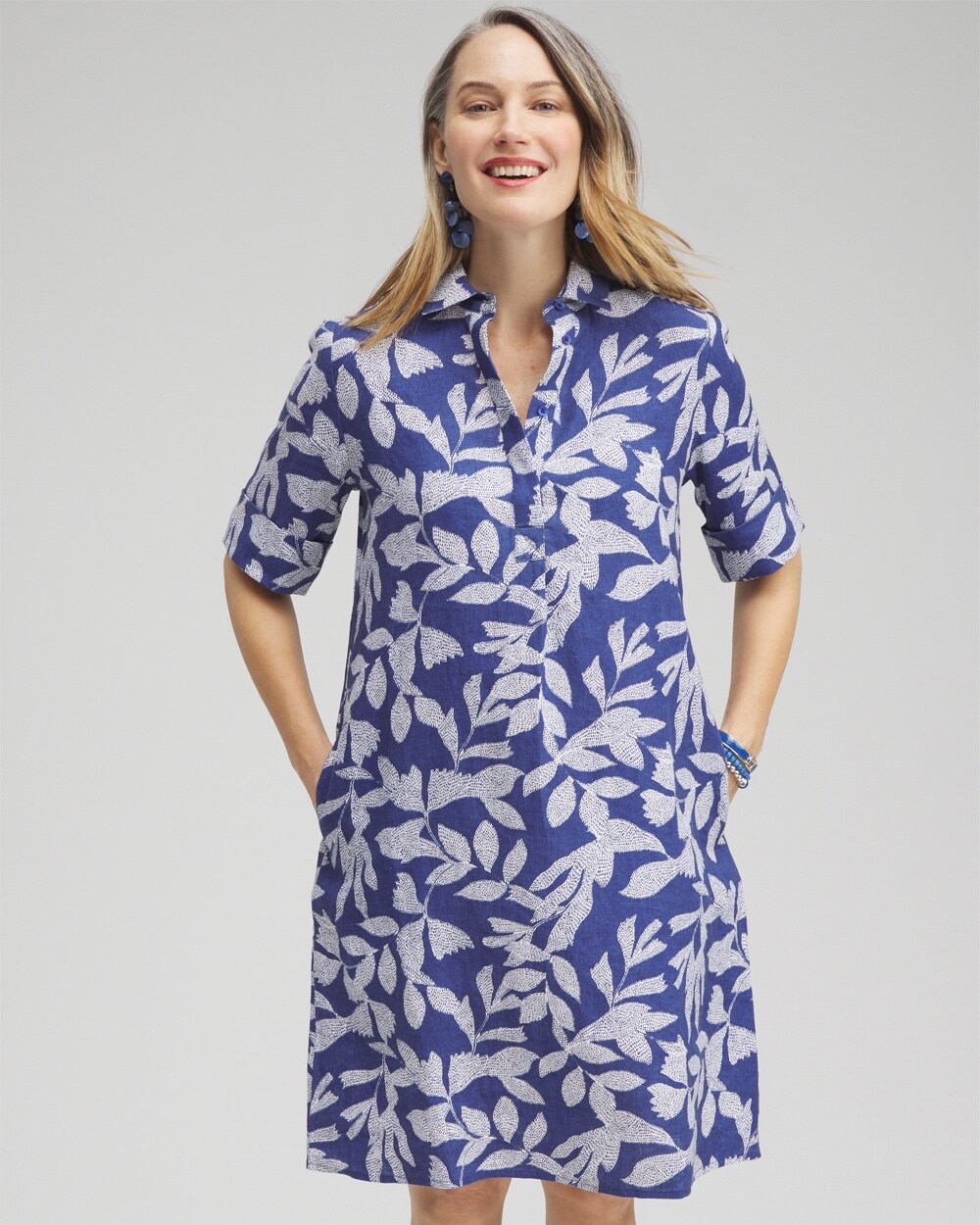 Chico's Linen Leaf Print Popover Dress In Blue Size 14 |  In Evening Eclipse
