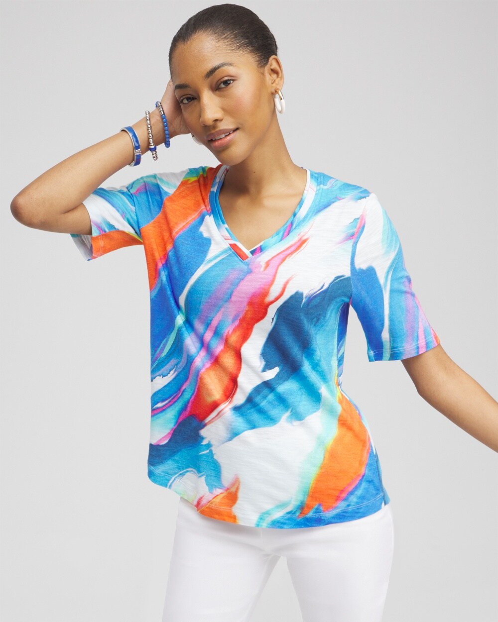 Chico's Abstract Elbow Sleeve A-line Tee In Intense Azure Size Small |