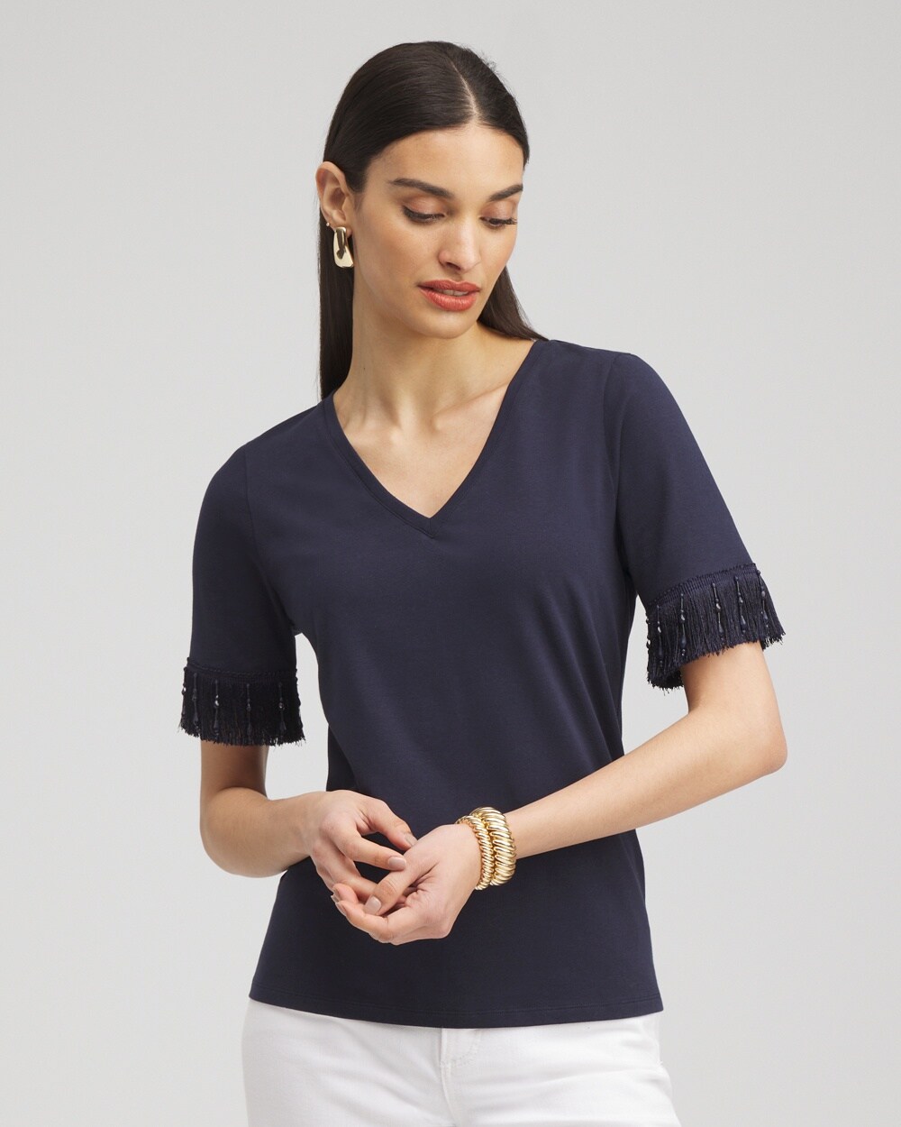 Chico's Fringe Trim Top In Navy Blue Size 20/22 |
