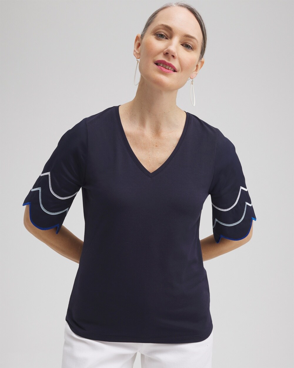Chico's Embroidered Scallop Sleeve Top In Navy Blue Size 8/10 |