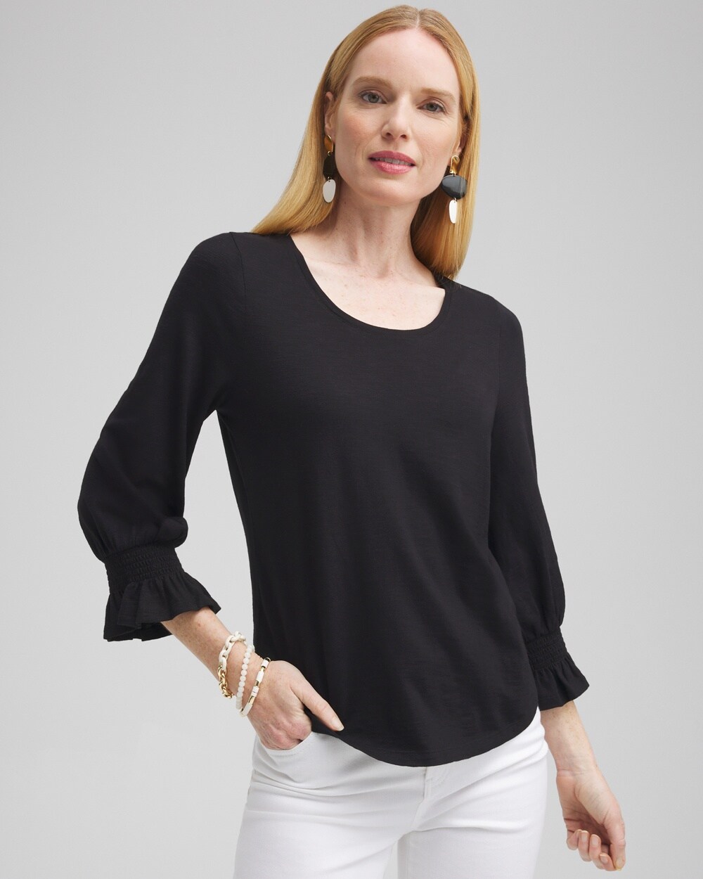 Chico's Smocked 3/4 Sleeve Tee In Black Size 20/22 |