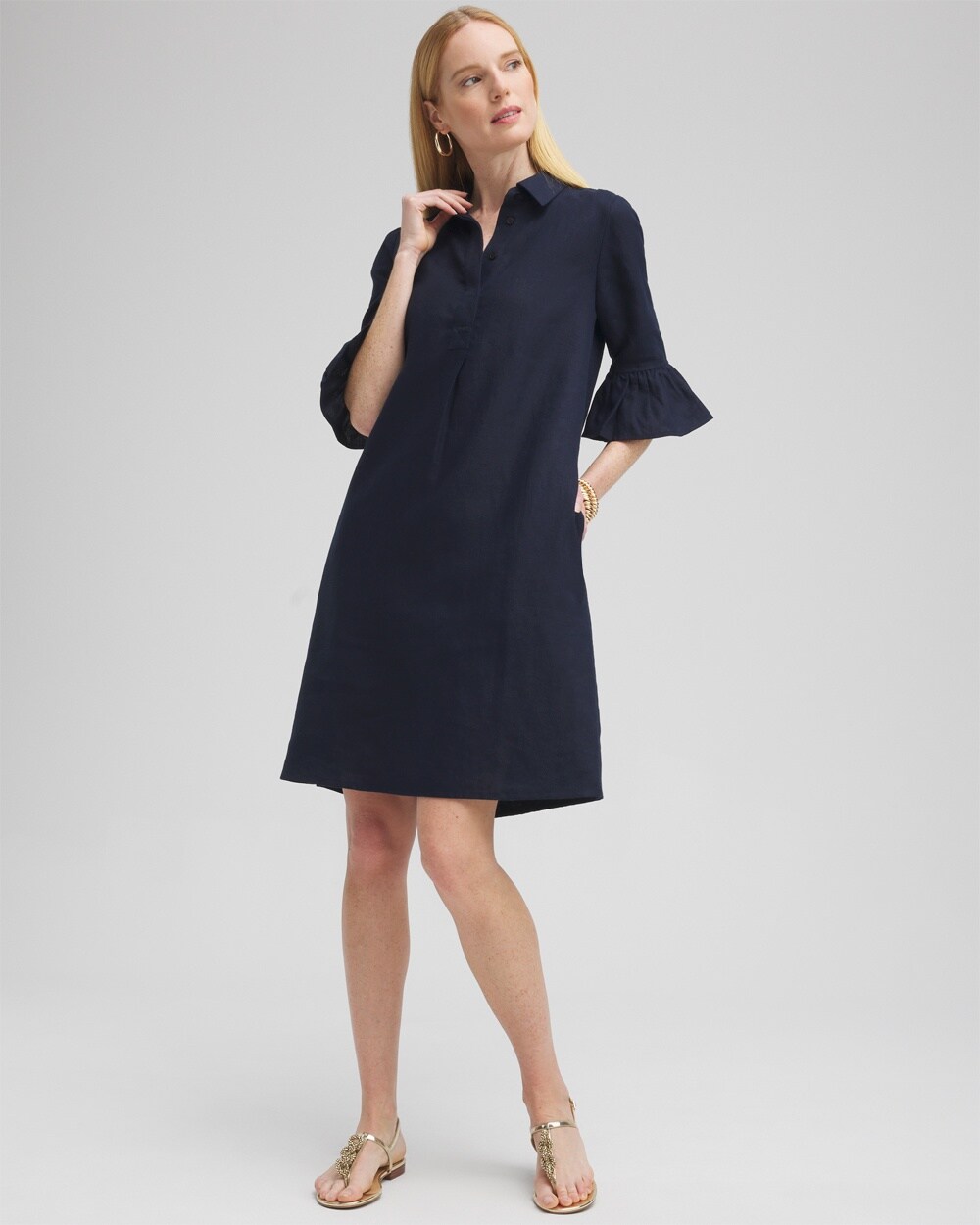 Chico's Linen Fluted Sleeve Dress In Navy Blue Size 20/22 |