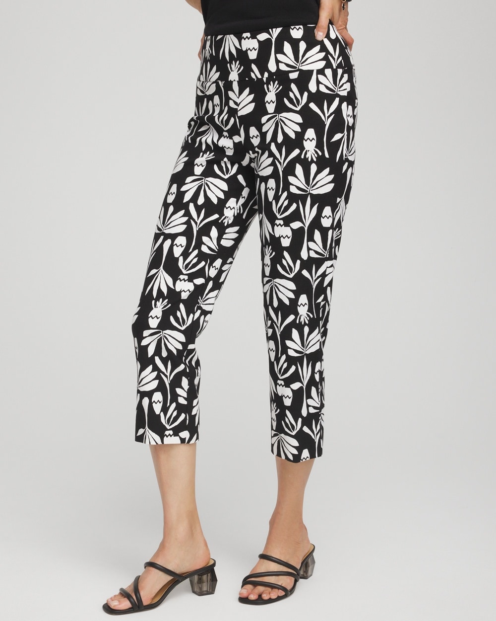 Shop Chico's Wide Waistband Leaf Print Capri Pants In Black & White Size 0 |