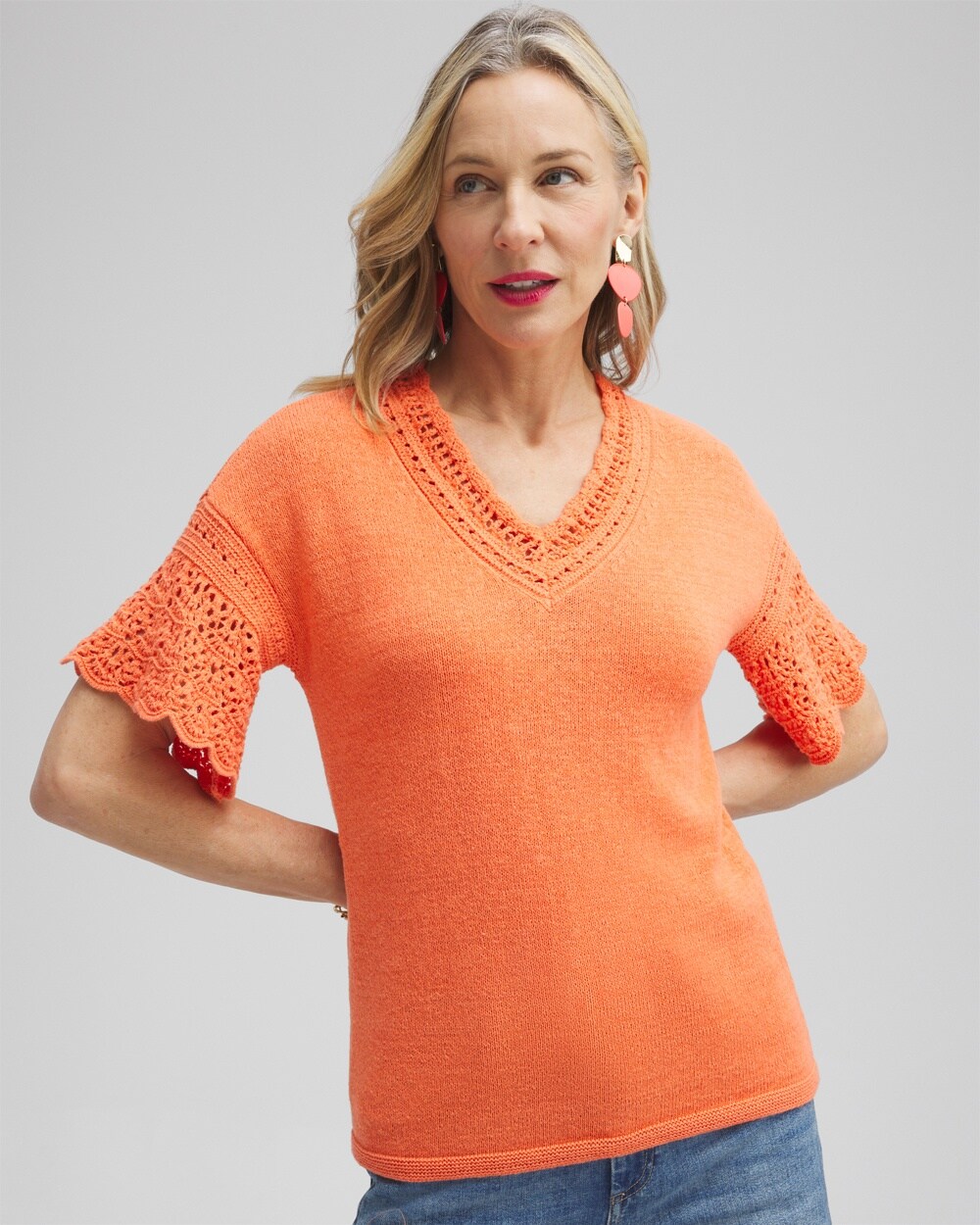 Chico's Pointelle Knit Pullover Sweater In Orange Size Xxl |  In Nectarine
