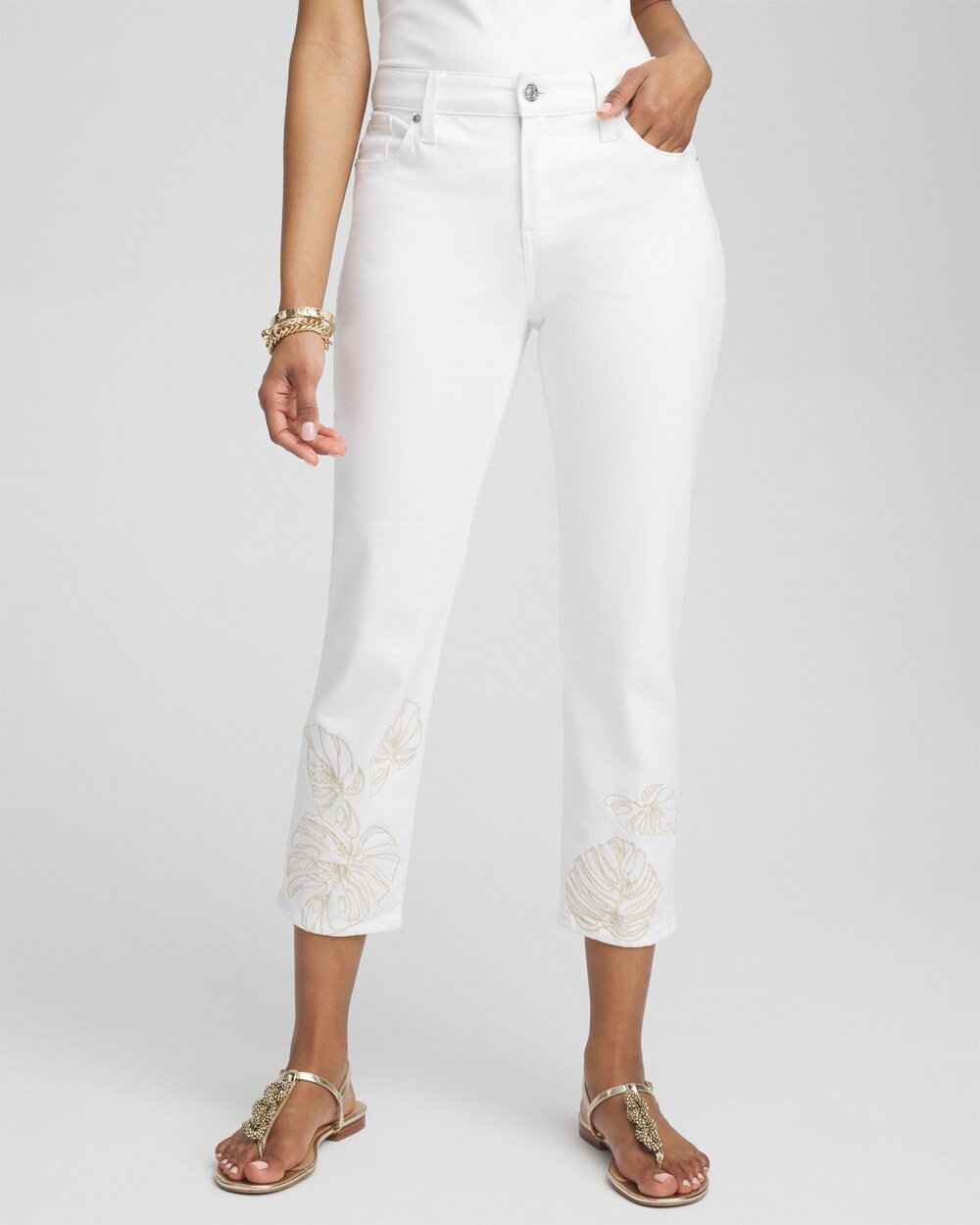 Shop Chico's No Stain Embroidered Girlfriend Cropped Capri Jeans In White Size 6 |