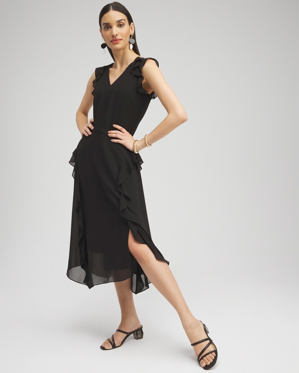 Shop Chico's Chiffon Ruffle Midi Dress In Black Size 0/2 |