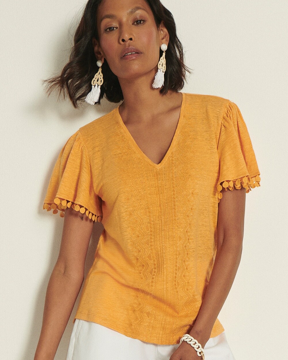 Chico's Linen Embroidered Flutter Sleeve Top In Mango Sorbet Size 16/18 |