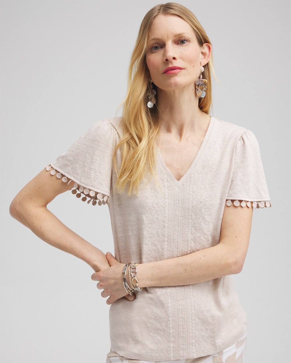 Chico's Linen Embroidered Flutter Sleeve Top In Light Tan Size 8/10 |