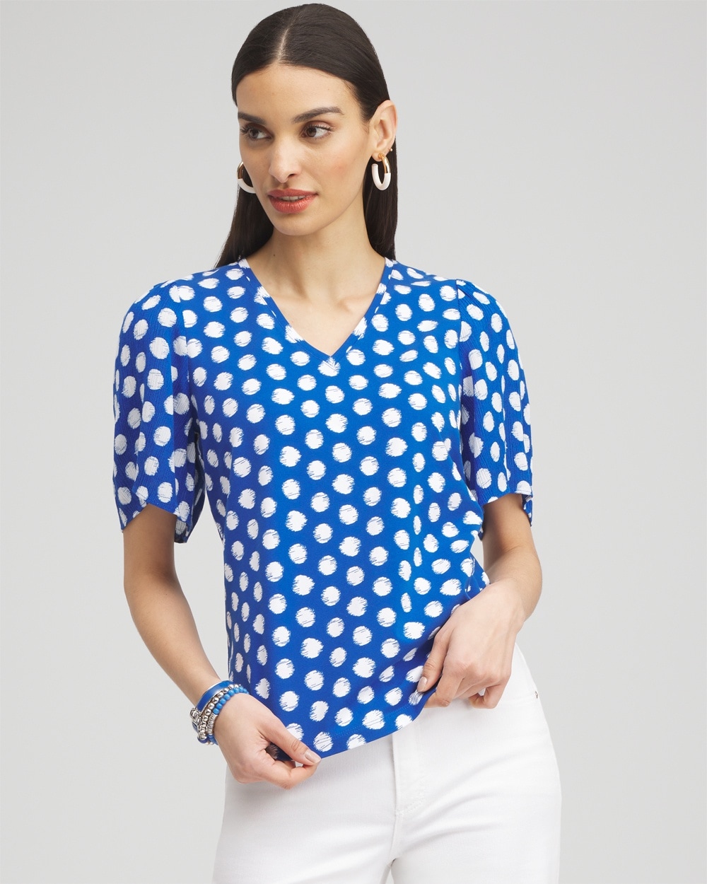 Chico's Dots Gauze Flutter Sleeve Top In Intense Azure Size 4/6 |