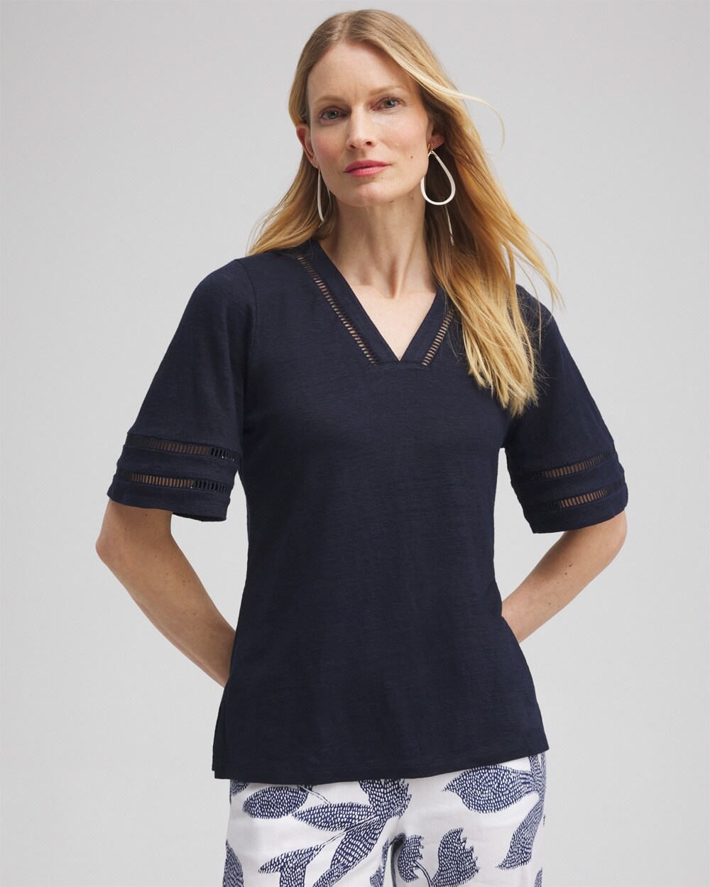 Chico's Linen Ladder Lace T-shirt In Navy Blue Size Xs |