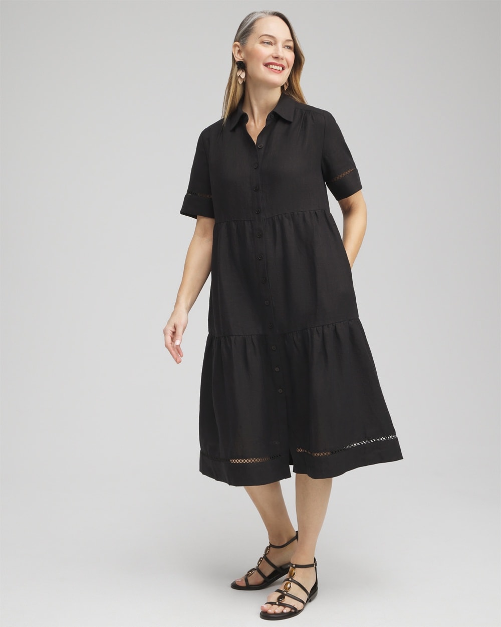 Shop Chico's Linen Lattice Trim Midi Dress In Black Size 8-m |