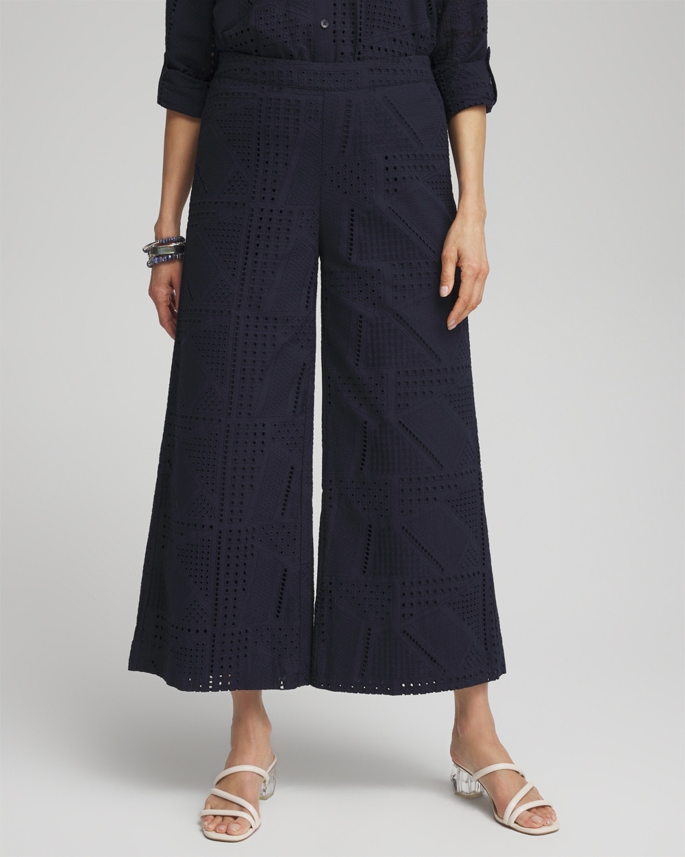 Shop Chico's Geo Eyelet Soft Cropped Pants In Navy Blue Size 4 |