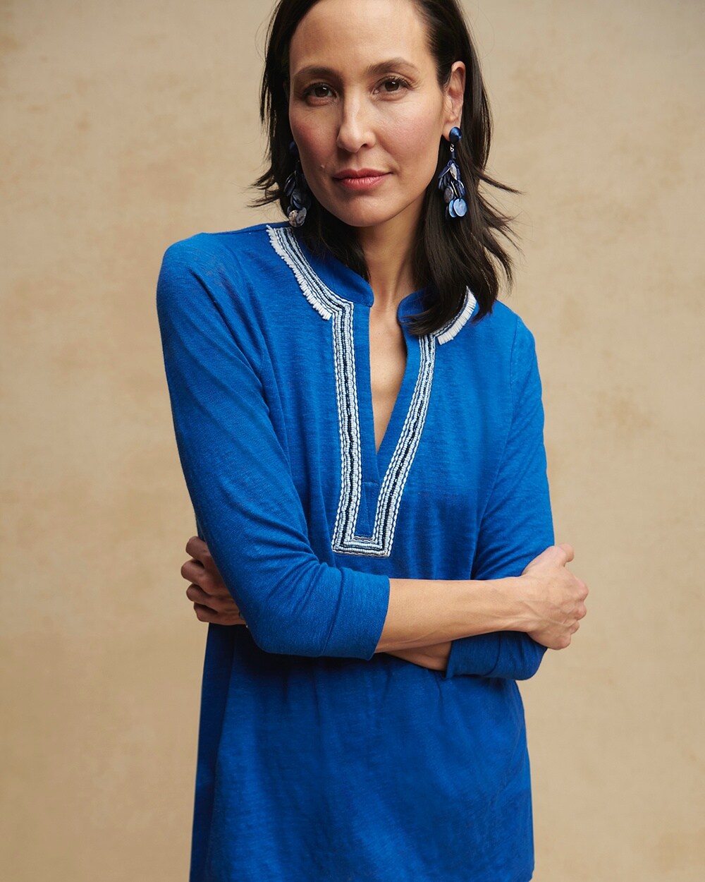 Chico's Linen Embellished Tunic Top In Intense Azure Size Xxl |