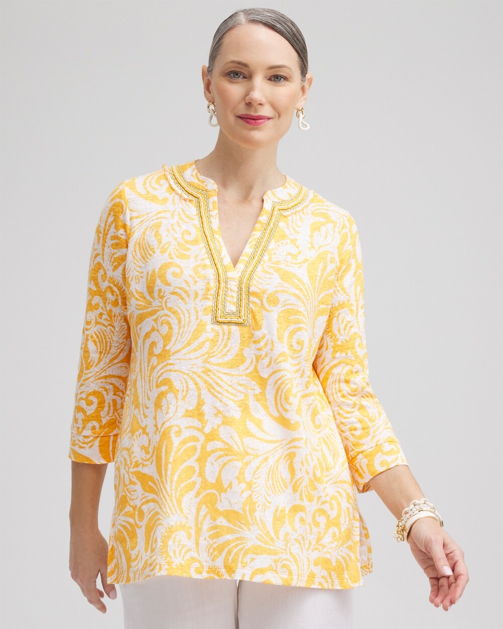 Chico's Linen Paisley Embellished Tunic Top In Mango Sorbet Size Medium |