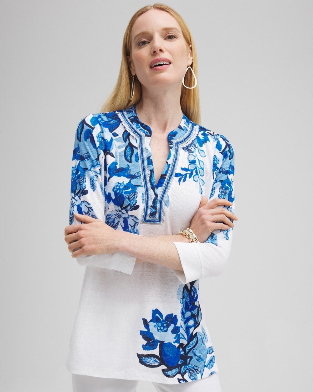 Chico's Linen Floral Embellished Tunic Top In Intense Azure Size Xs |