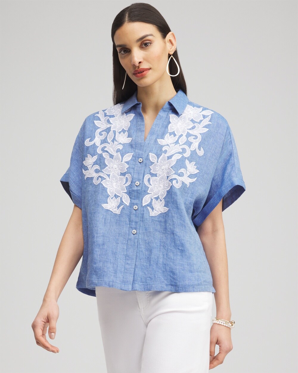 Chico's Linen Embroidered Applique Shirt In Blue Size Xxl |