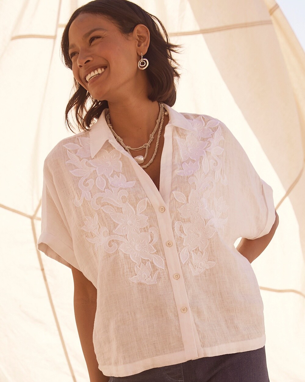 Chico's Linen Embroidered Applique Shirt In White Size Xl |