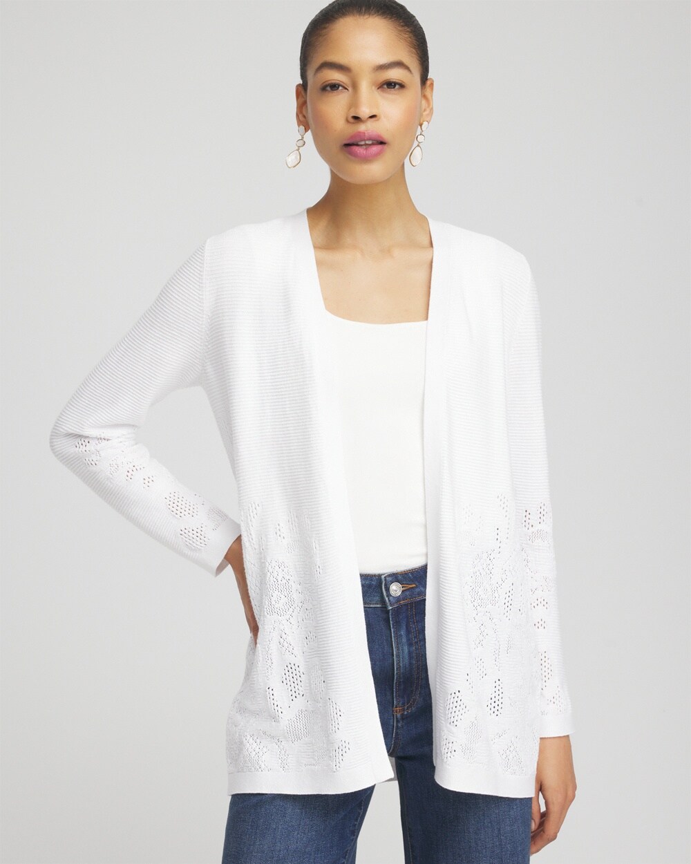 Shop Chico's Placed Pointelle Cardigan Sweater In White Size 0/2 |