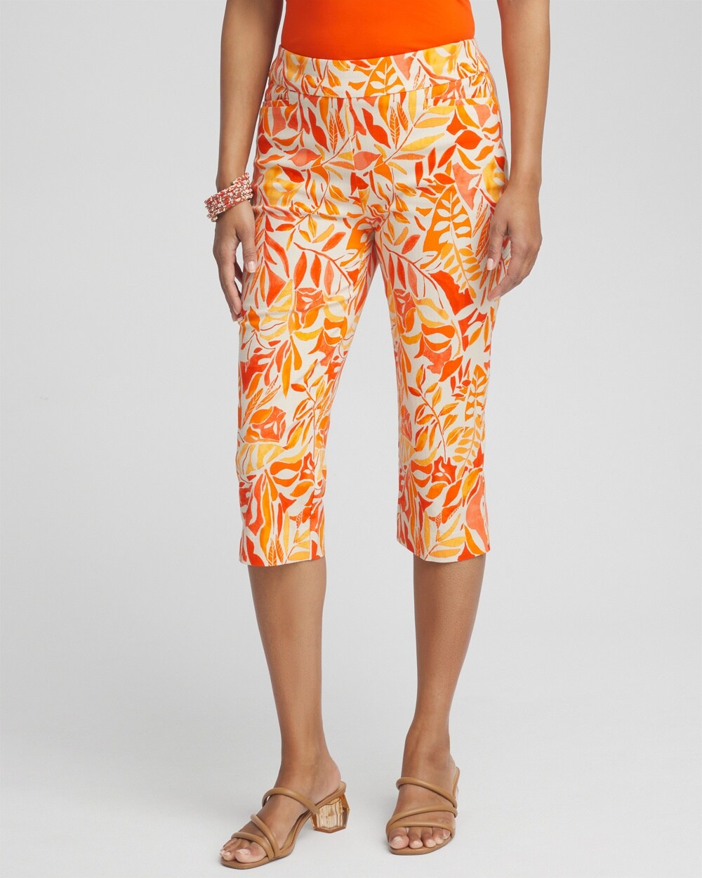 Chico's Brigitte Leaf Print Capri Pants In Natural Tan Size 16/18 |  In Orange