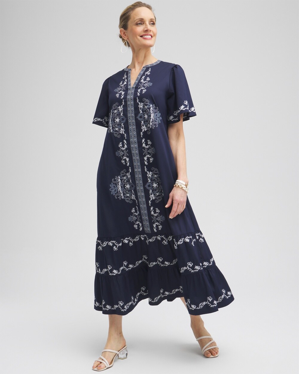 Chico's Poplin Embroidered Maxi Dress In Navy Blue Size 4 |