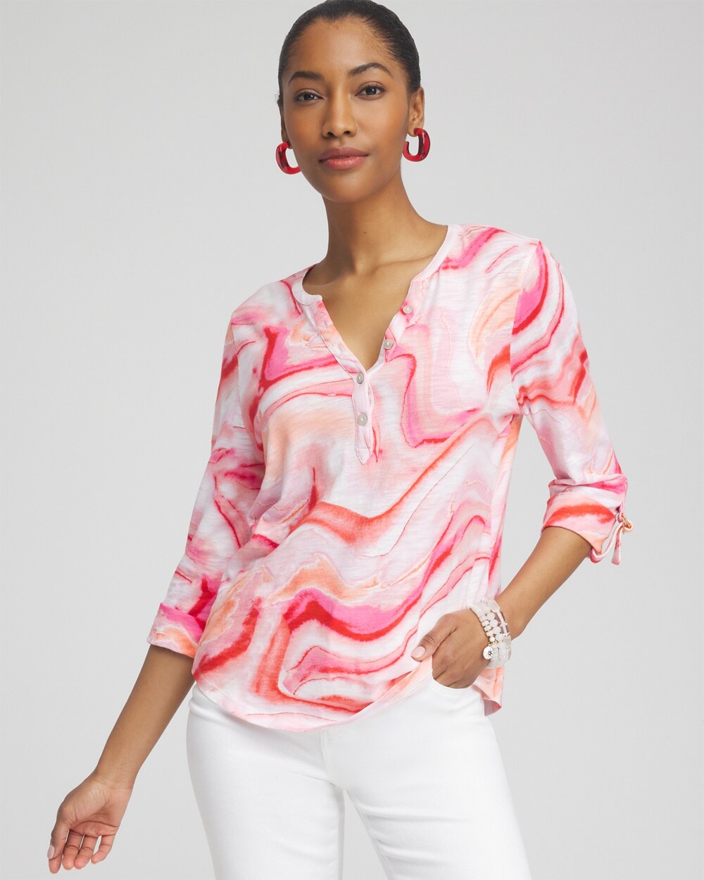 Chico's Geode Ring Detail Henley Top In Watermelon Punch Size 8/10 |