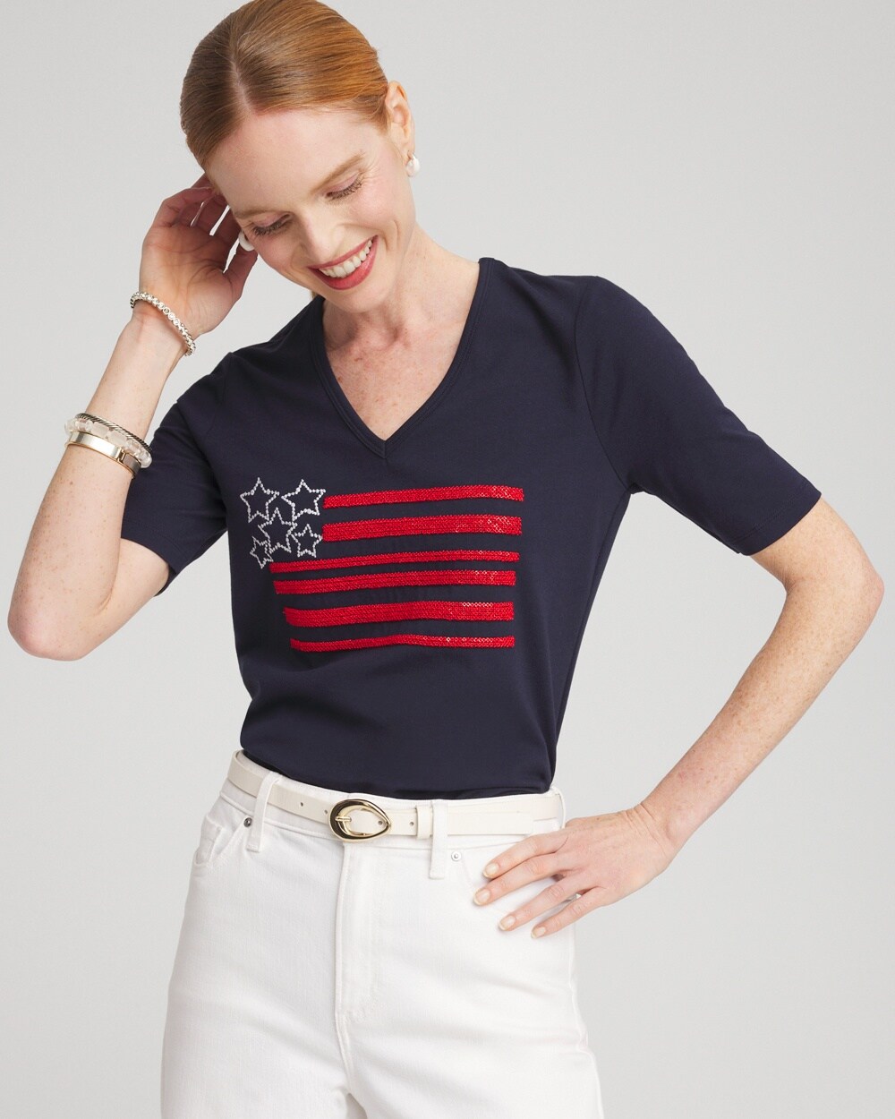 Shop Chico's Embellished Flag Tee In Navy Blue Size 12/14 |
