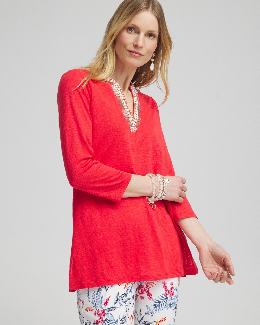 Shop Chico's Linen Embellished Tunic Top In Watermelon Punch Size 8/10 |
