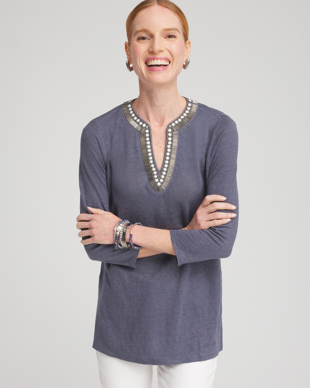 Shop Chico's Linen Embellished Tunic Top In Soft Slate Size 16/18 |