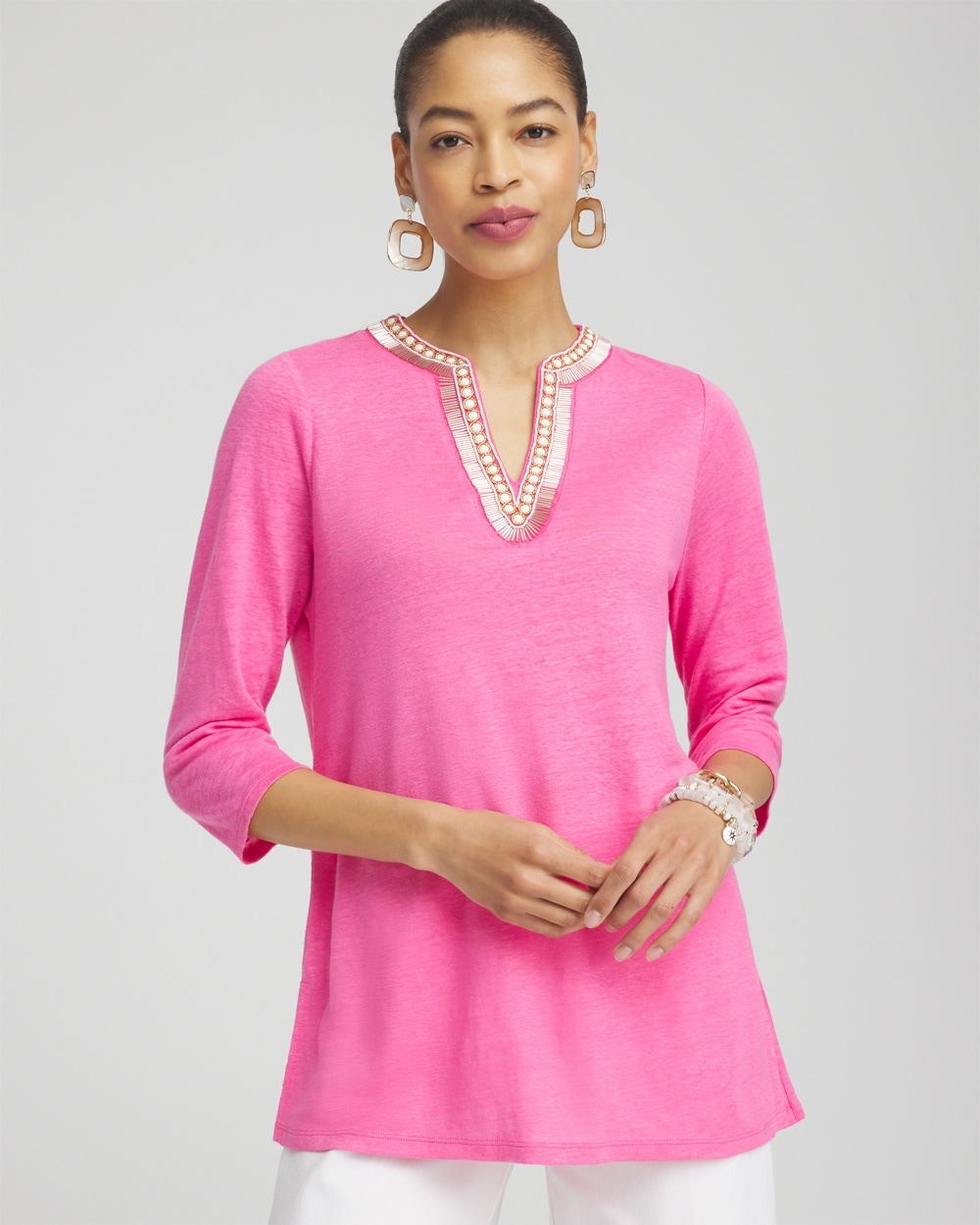 Shop Chico's Linen Embellished Tunic Top In Delightful Pink Size 0/2 |