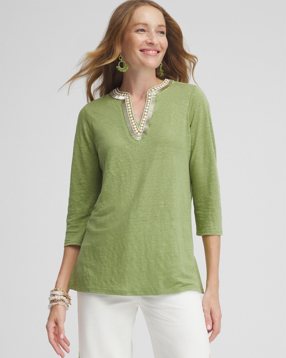 Chico's Linen Embellished Tunic Top In Spanish Moss Size 16/18 |