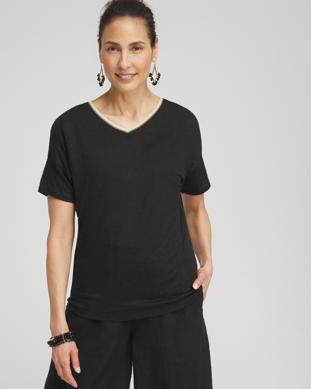 Shop Chico's Sweater Trim Linen Tee In Black Size 12/14 |