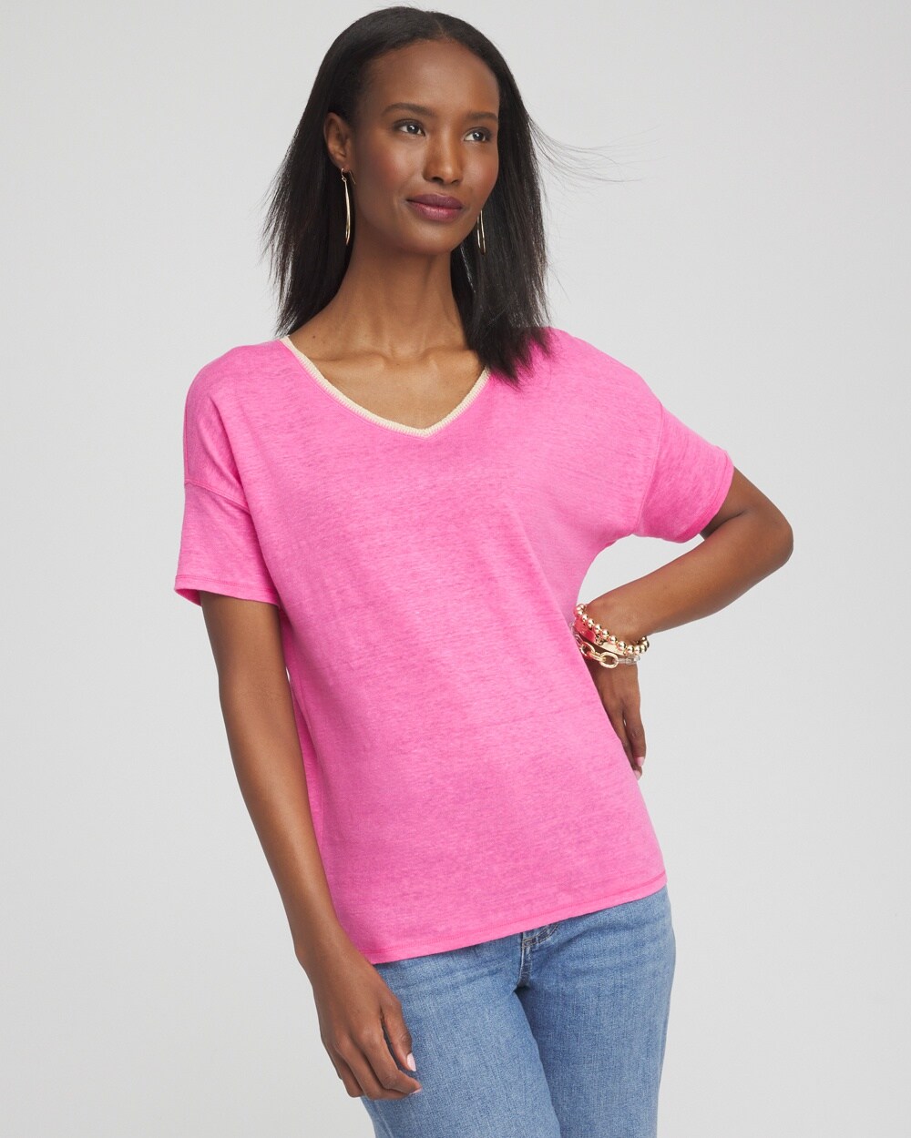 Shop Chico's Sweater Trim Linen Tee In Delightful Pink Size 8/10 |