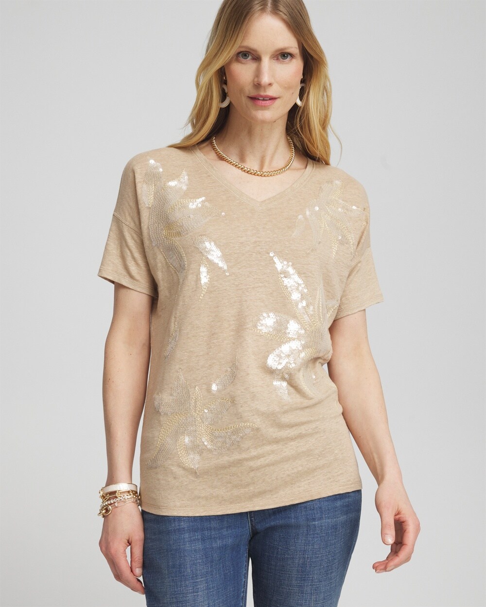 Shop Chico's Neutral Sequin Embellished Tee In Tan Size 4/6 |